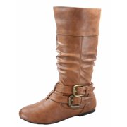 Women's Caual Side Zip Buckles Slouch Flat Heel Mid Calf Round Toe Boots