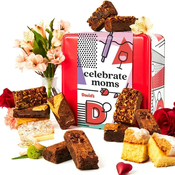 David's Cookies Celebrate Moms Assorted Brownies & Crumb Cake Gift Tin 3Lbs - Delicious, Fresh Baked Snacks, Chocolate Fudge Slices, Brownies Gift Basket - Gourmet Mothers Day Food Gift For Everyone