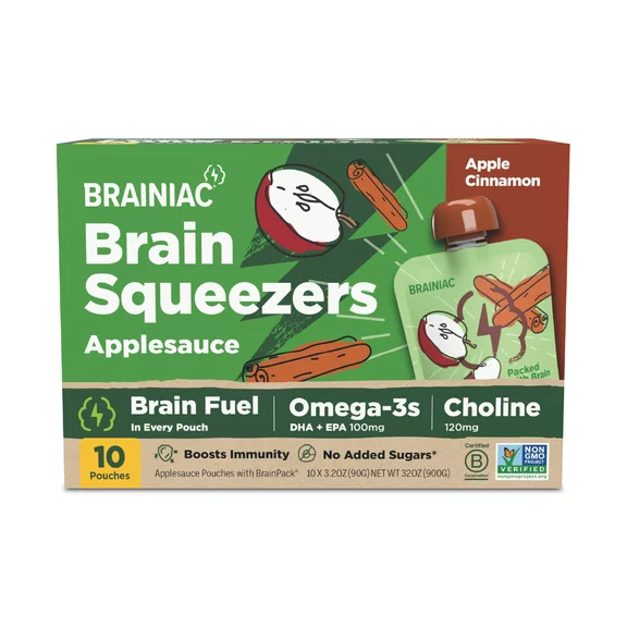 Brainiac Brain Squeezers Applesauce with Omega-3s, Cinnamon Apple, No Sugar Added, 3.2 oz,10 Ct