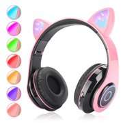 Bluetooth 5.0 Headphones, TSV Wireless Cat Ear Headphones Over-Ear, Foldable LED Light up Kids Headphones with Microphone and Volume Control for Cell Phones