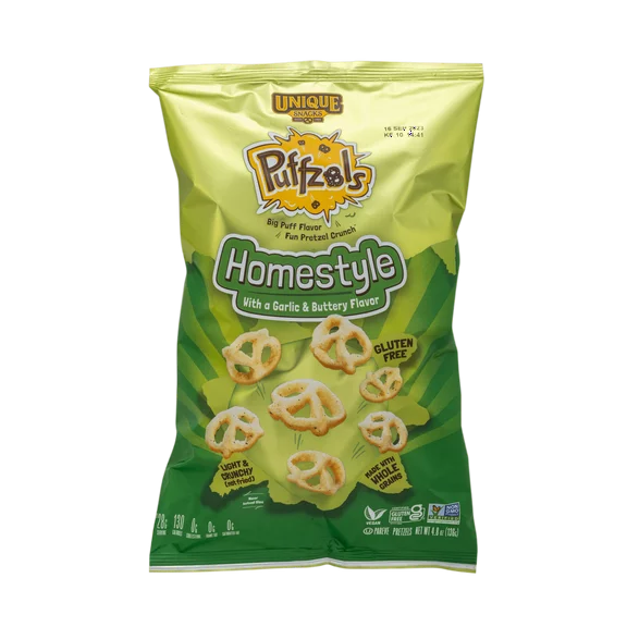 Unique Snacks Homestyle Puffzels, Garlic and Buttery Flavor, Gluten-Free Snacks, 4.8 Ounce Bags, Pack of 6