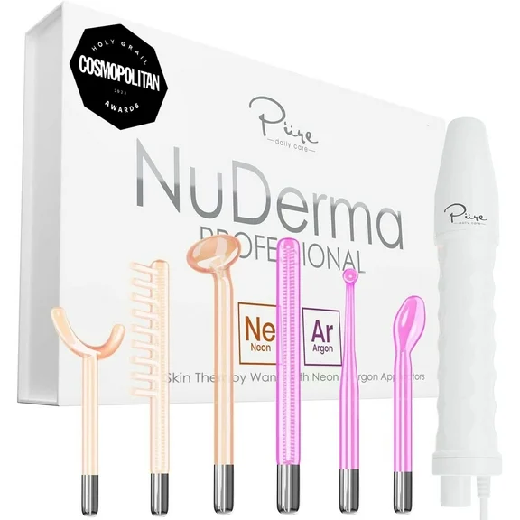 NuDerma Professional Skin Therapy Wand - Portable Handheld High Frequency Skin Therapy Machine with 6 Neon & Argon Wands - Acne Treatment - Skin Tightening - Wrinkle Reducing - Facial Skin Lifter
