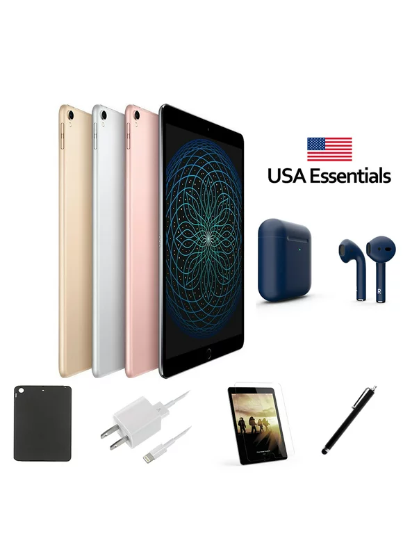 Open Box | Apple iPad Pro | 10.5-inch Retina Display | 256GB | Wi-Fi Only Latest OS | Bundle: Case, Pre-Installed Tempered Glass, USA Essentials Wireless Bluetooth Airbuds, Stylus Pen, Rapid Charger