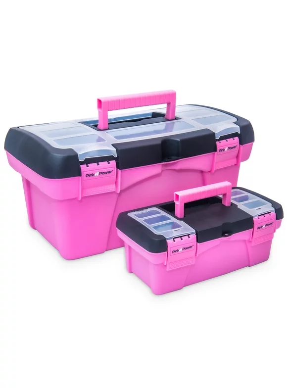 Pink Power Pink Tool Box for Women - Sewing, Art & Craft Organizer Box Small & Large Plastic Tool Box with Handle - Pink Toolbox Sewing Box Tool Storage Box - Portable Mini Locking Tool Boxes (2 Pack)