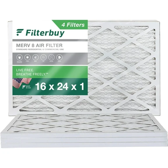 Filterbuy 16x24x1 MERV 8 Pleated HVAC AC Furnace Air Filters (4-Pack)