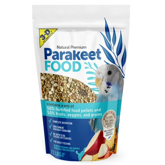3-D Pet Products Natural Premium Parakeet Food, with 50% Fortified Food Pellets, 2 lbs