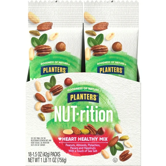 PLANTERS NUT-RITION Heart Healthy Mix with Peanuts, Almonds, Pistachios, Pecans, Hazelnuts & Sea Salt, 1.5 oz Bag (Pack of 18)