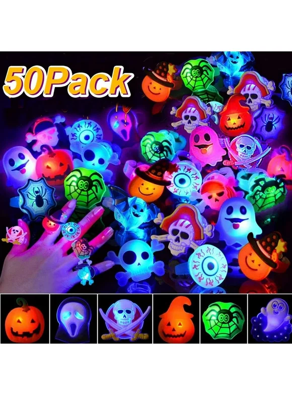 50 Pcs Halloween LED Rings Light up for Kids Adults, Halloween Party Favors Decorations Halloween Goodie Bag Stuffers 10 Shape Ghost Pumpkin Skeleton