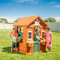Sportspower Bellevue Kids Wooden Playhouse with Fun Colored Working Front Door, White Trim Windows, and Flower Pot Holders