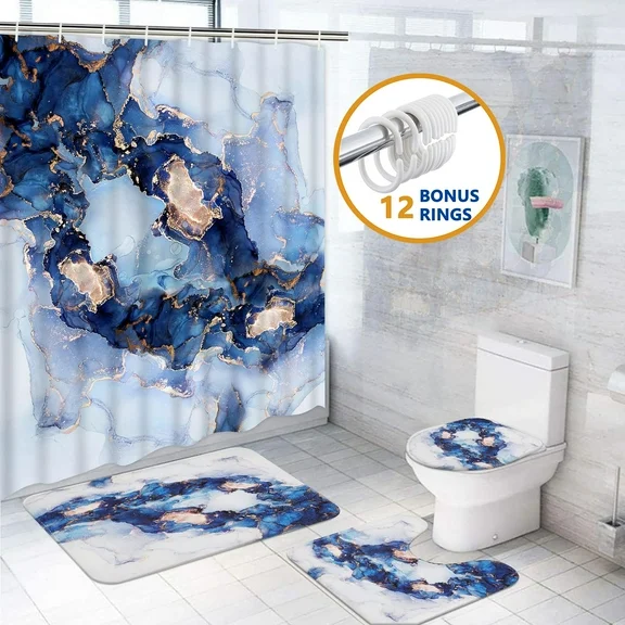 FRAMICS Navy Blue Luxury Marble Shower Curtain and Rug Sets, 16 Pc Modern Abstract Bathroom Sets, Waterproof Fabric Shower Curtain with 12 Hooks and Toilet Rugs
