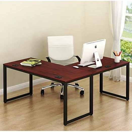 SHW Home Office 55"x60" Large L Shaped Corner Desk, Black Cherry