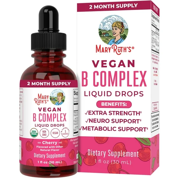 MaryRuth Organics | USDA Organic Vegan Vitamin B Complex Liquid Drops | Cherry Flavor | Vegan, Non-GMO | 1 fl oz / 30 ml