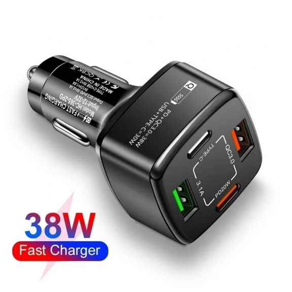 4 Ports USB Car Charger USB Adapter, Type C Port PD 20W/QC 3.0 18W Super Fast Charging Car Plug for iPhone 14 13 12,S22 S21 S20, iPad Pro& More Mobile Phone
