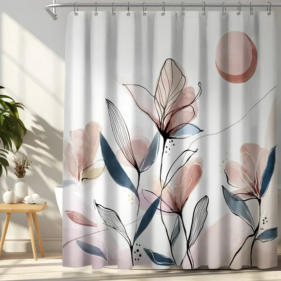 SUMGAR Polyester Shower Curtain Pink Watercolor Flowers Plant Bathroom Shower Curtains for Boho Bathroom Decor, 72x72 inch Long Shower Curtain with Hooks