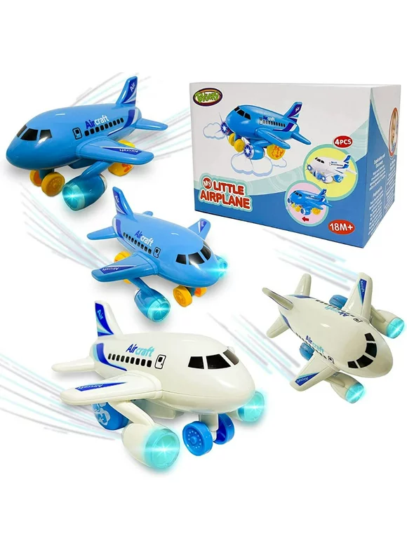 Toysery Push and Go Toddler Airplane Toy for Boys & Girls. Set of Four Friction Toy Airplanes with Flashing Lights & Airplane Sound, Plane Gift Toys for Kids Ages 3 Years Old and Above