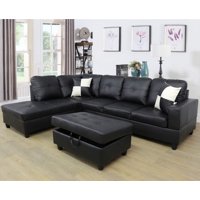 PonLiving Faux Leather 3 Piece Sectional Sofa Couch Set, L-Shaped Modern Sofa with Chaise Storage Ottoman and Pillows for Living Room Furniture, Left Hand Facing Sectional Sofa Set Black