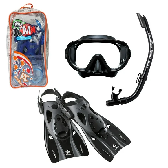 Reef Tourer Adult Single-Window Mask, Snorkel and Fin Set with Travel Bag, Black, Large (9-15)