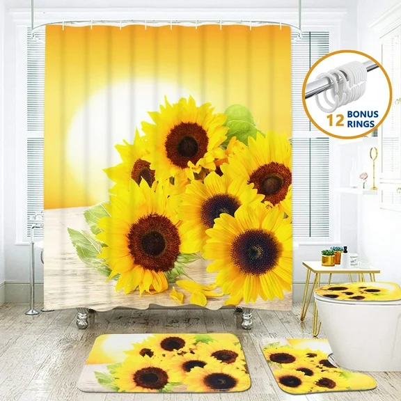 FRAMICS Yellow Sunflower Shower Curtain and Rug Sets, 16 Pc Flowers Bathroom Sets, Waterproof Fabric Shower Curtain with 12 Hooks and Toilet Rugs
