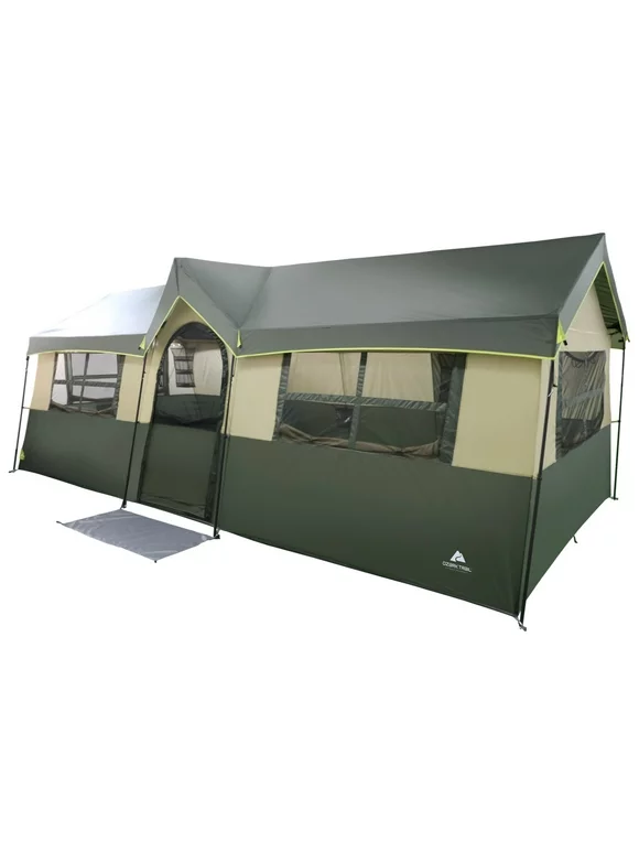 Ozark Trail Hazel Creek 12 Person Cabin Tent, 3 Rooms, Green, Dimensions: 20' x 9' x 84", 65.2 lbs.