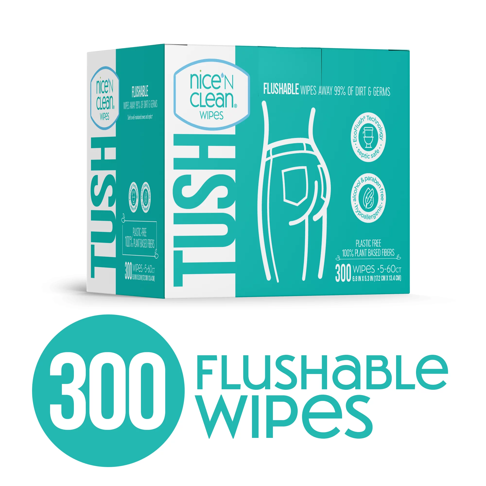 Nice 'N Clean Flushable Wet Wipes, 5 Packs of 60 Wipes, 300 Total Wipes