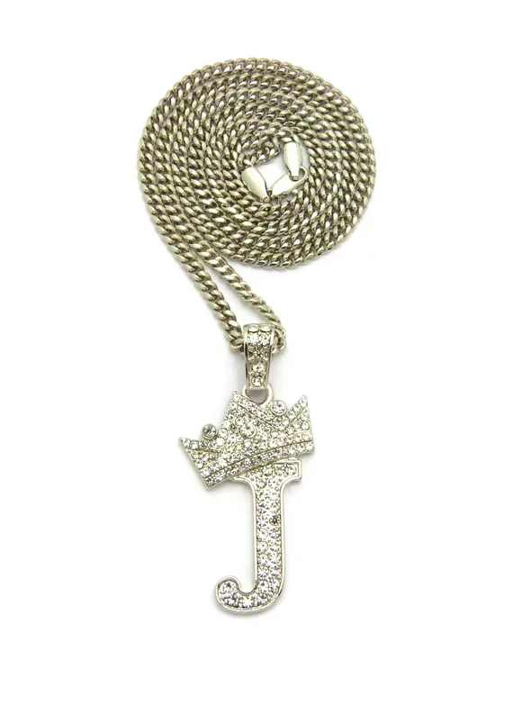 Stone Stud Allover Tilted Crown Initial J Pendant w/ 3mm 24" Cuban Chain Necklace, Silver-Tone