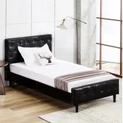 Bed Frame Metal Mecor Button Tufted Upholstered Platform Twin Size Black PU Leather