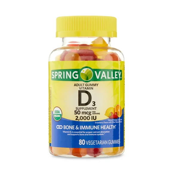 Spring Valley Vitamin D3 Gummies for Bone and Immune Health, 50mcg (2000 IU), 80 Count