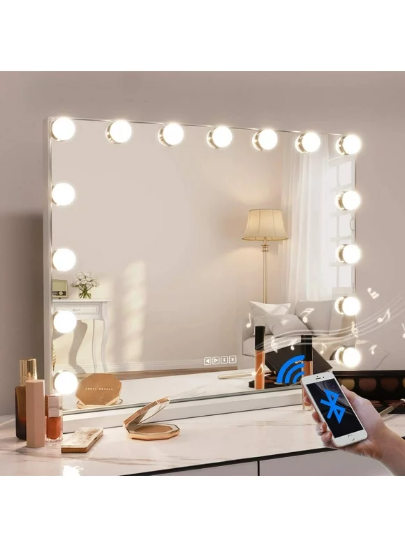 Fenchilin Large Hollywood Vanity Mirror with Lights Bluetooth Tabletop Wall Mount Metal White