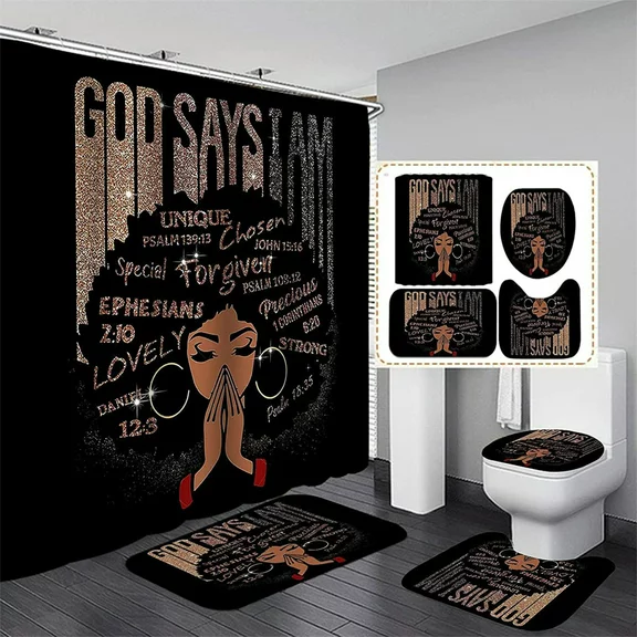 FRAMICS Black Girl with Glitter Quotes Pattern Polyester Shower Curtain and Rug Sets, 16 Pc Bathroom Sets with Non-Slip Mats, Waterproof Shower Curtain with 12 Hooks and Toilet Rugs