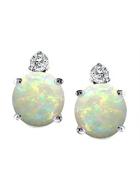 Tommaso Design Genuine 6mm Round Opal and Diamond Earrings Studs