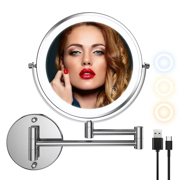 MATEPROX Wall Mounted Makeup Mirror, 8" Lighted Extendable 1x 10x Magnify LED Shaving Mirrors