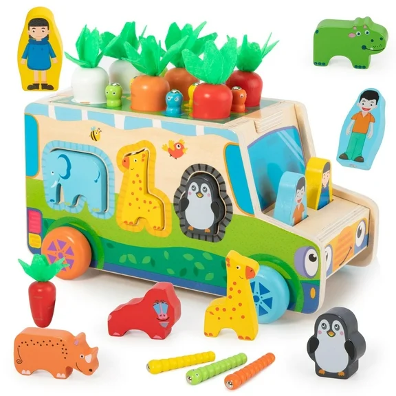 Montessori Educational Toys for 2 3 4 Year Old Baby Boys and Girls, Carrots Wooden Shape Sorting Toys w Vegetables & Farm Animals Blocks for Toddlers,Christmas and Birthday Gift for Kids