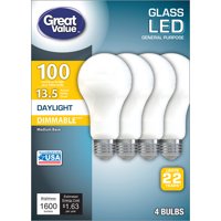 Great Value Led 13.5W (100W Equivalent) Daylight Color General Purpose Light Bulbs, E26 Medium Base, Dimmable, 22 Year Life, 4pk