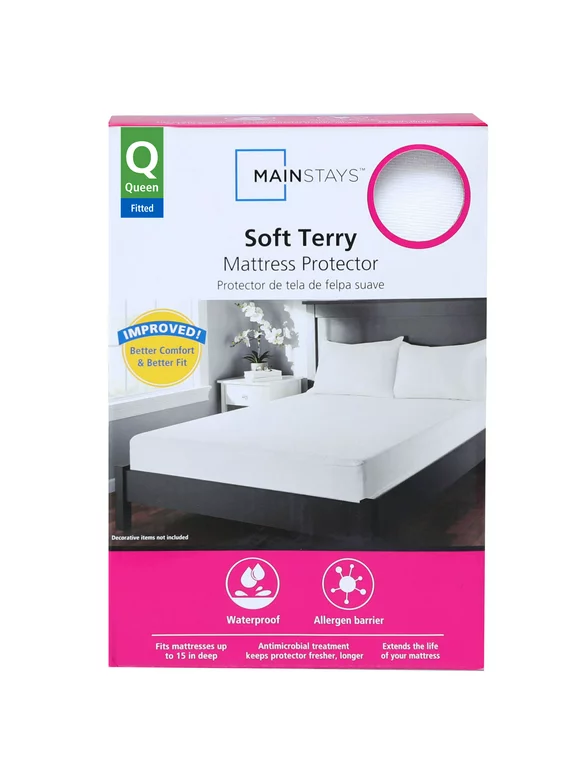 Mainstays Soft Terry Waterproof Fitted Mattress Protector, Queen