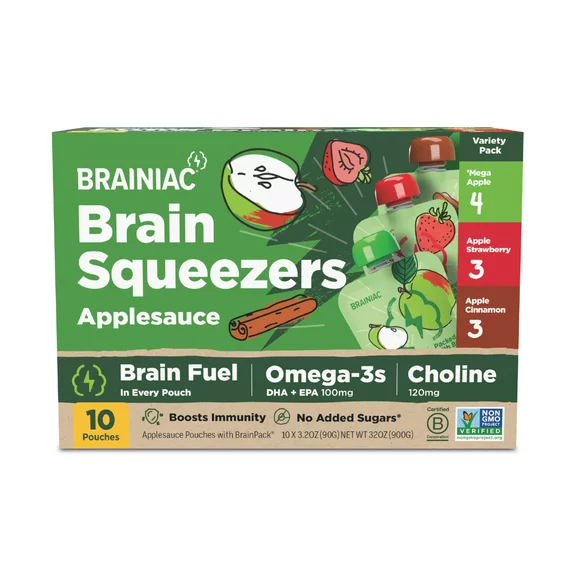 Brainiac Brain Squeezers Applesauce with Omega-3s, Variety Pack, No Sugar Added, 3.2oz, 10 Ct