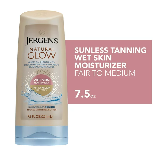 Jergens Hand and Body Lotion, Natural Glow Sunless Tanning In-shower Body Lotion, Fair to Medium Skin Tone, 7.5 Oz
