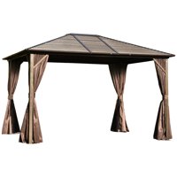 Outsunny 10 x 12 Steel Hardtop Gazebo with Netting Curtains and Sidewalls, Brown and Black