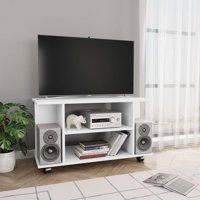 Veryke Modern TV Stand with Lockable Wheels, Wood Open Storage Shelves for DVDs, Book, Consoles - White
