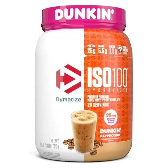 Dymatize ISO100 Hydrolyzed Whey Isolate Protein Powder, Dunkin' Cappuccino, 25g Protein, 20 Serv