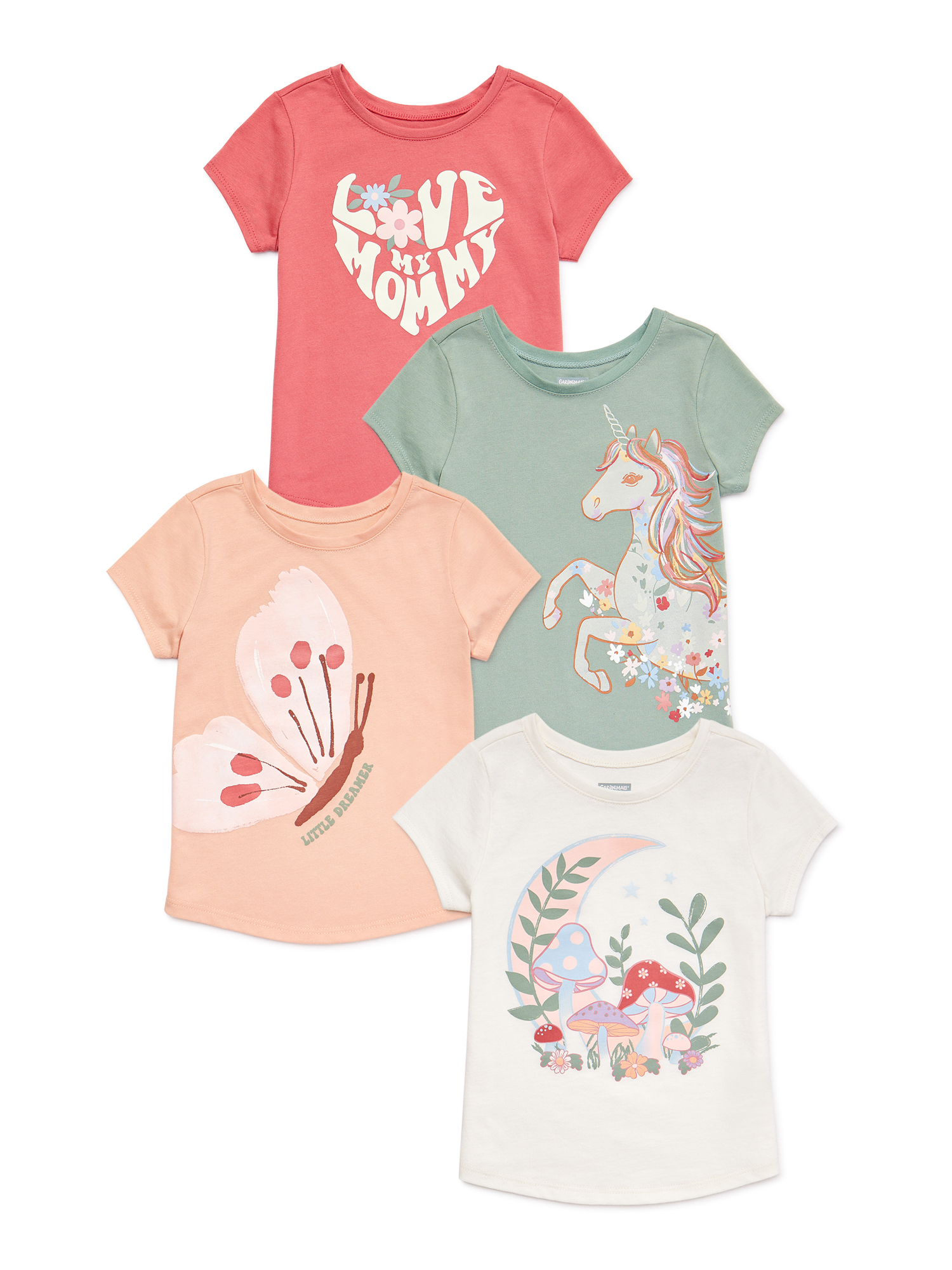 Garanimals Baby and Toddler Girls Short Sleeve Graphic Tee, 4-Pack, Sizes 12 Months-5T
