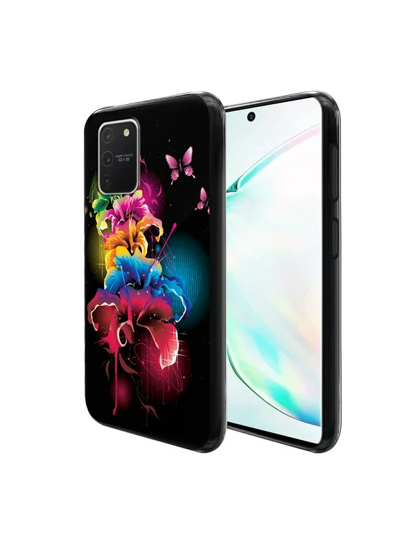 FINCIBO Soft TPU Black Case Slim Cover for Samsung Galaxy S10 Lite 6.7" 2020, Multicolor Flowers With Hot Pink Butterflies