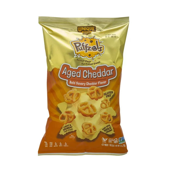 Unique Snacks Puffzels, Aged Cheddar, Bold and Savory Cheddar Flavor with a Fun Pretzel Crunch, Gluten-Free Snacks, 4.8 Ounce Bags, Pack of 6