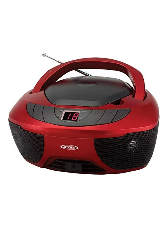 Jensen CD-475R Portable Boombox CD Player with AM/FM Radio and Aux Line-in & Headphone Jack (Red)