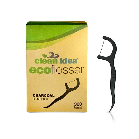 Clean Idea Eco flossers Charcoal 300ct Floss Picks  | Biodegradable Handle | Ultra Floss | Natural Dental Floss Picks