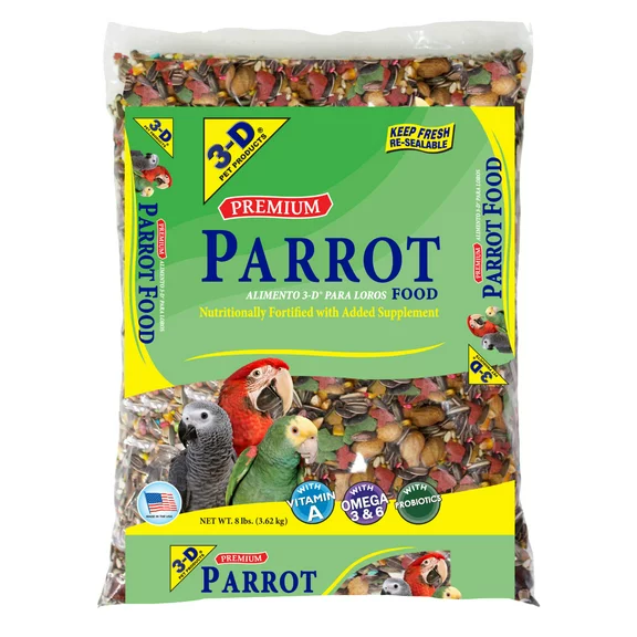 3-D Pet Products Premium Parrot Bird Food Seeds, with Probiotics, 8 lb. Bag