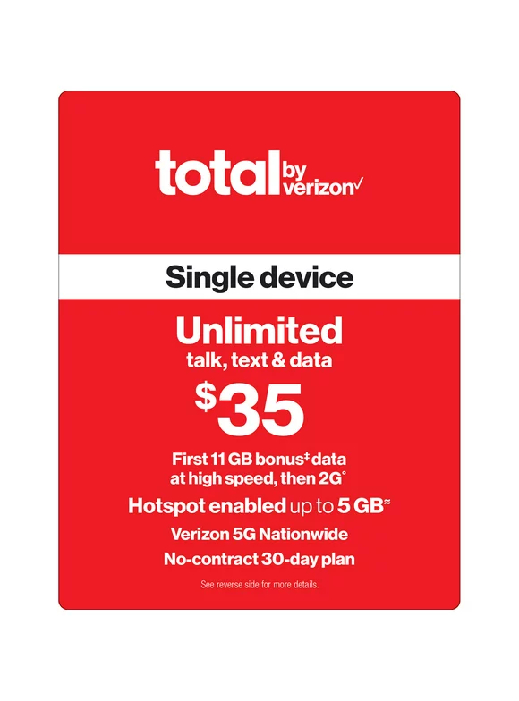Total by Verizon (formerly Total Wireless) $35 Unlimited Talk & Text Single Device 30-Day Prepaid Plan (11GB at High Speeds) + 5GB of Mobile Hotspot Direct Top Up