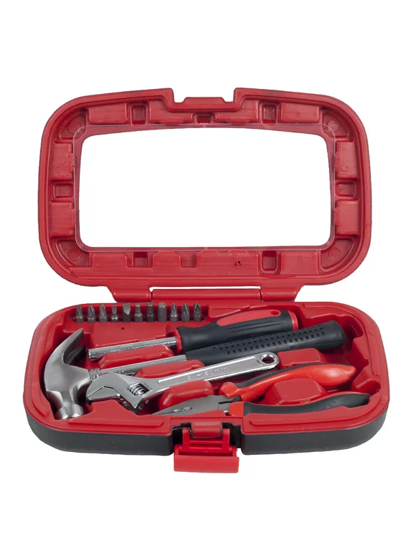 Stalwart Home Improvement Tool Kit  15-Piece Tool Set with Hammer, Wrench, Screwdriver, Pliers, and Tool Box (Red/Black)