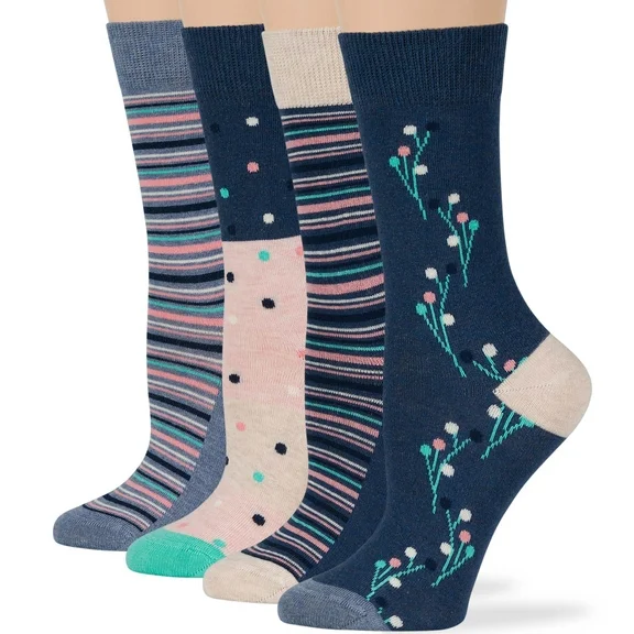 Women Cotton Calf Fun Socks 4 Pairs Large 10-12, Dot Stripe Flower Patterned Soft Crew Long , Light Navy, Blue, Pink