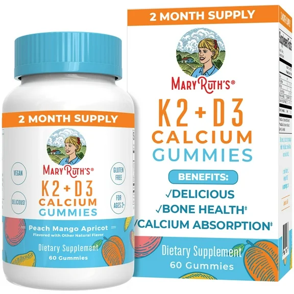 MaryRuth's Vitamin K2   D3 Calcium Gummies - Bone Health - Peach, Mango & Apricot (60 Gummies)