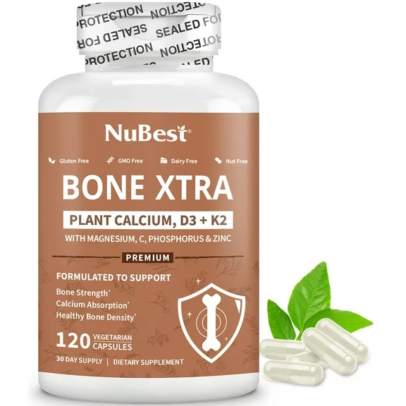 Bone Xtra by NuBest, Complete Bone Strength Formula For Adults & Teens With Plant Calcium, D3 K2, Magnesium, Phosphorus & Zinc, 120 Vegan Capsules